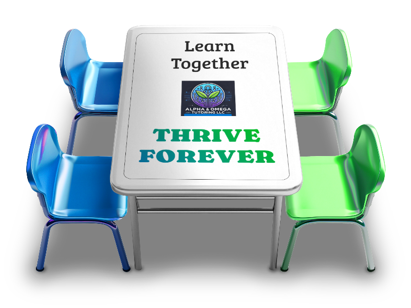 4 Chairs around table with Learn Together Thrive Forever written on the table